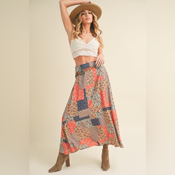 Dresses & Skirts - 664. LAST 1! Patchwork printed Orange Blue Maxi Skirt Bohemian  Multicolor Boho